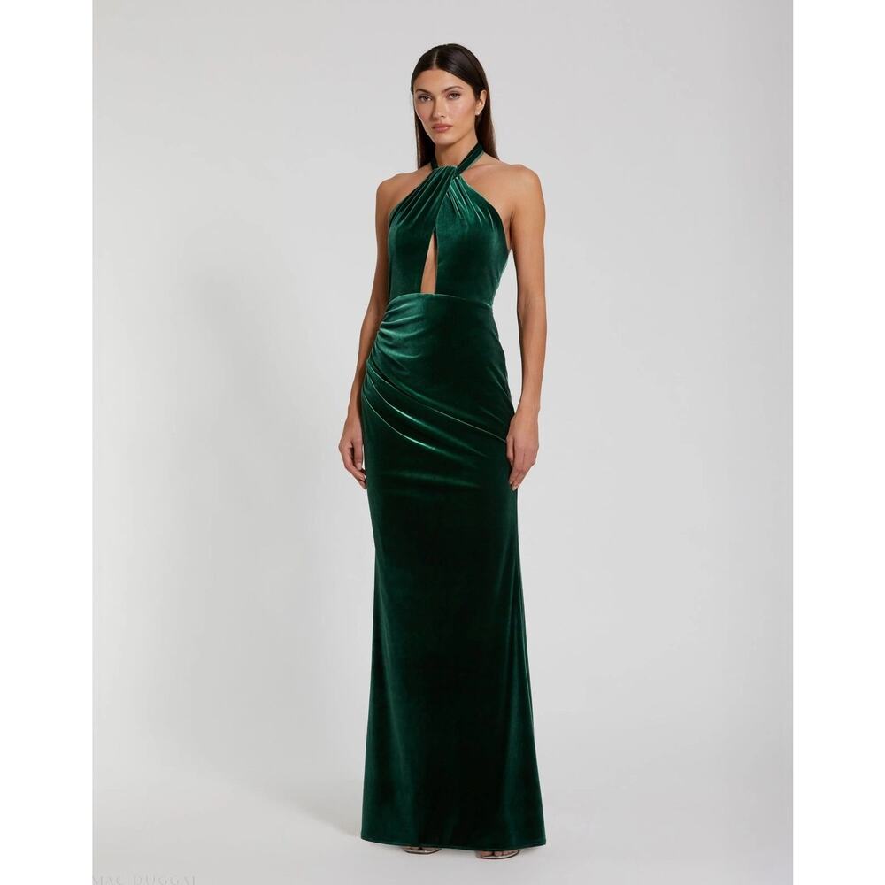 Mac Duggal 11924 Green Twist Neck Open Front Velvet Draped Velvet Dress Sz 12